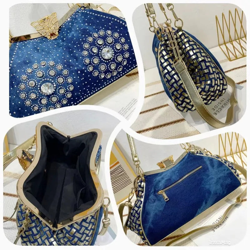 Denim Rhinestones Women Handbag Clutch Bag For Evening Party Chic Butterfly Decoration Ladies Denim Fireworks Shoulder Bag
