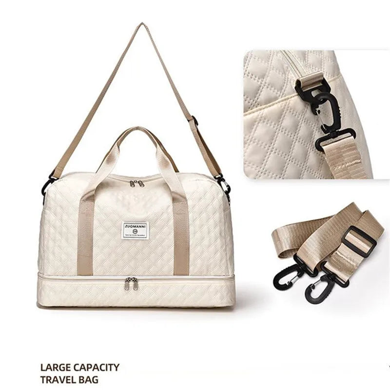 Luxury Duffel Bag, Large Capacity Handbag Shoulder & Crossbody Tote Bag With Dry Wet Separation Dual Side Pockets For Travel Gym