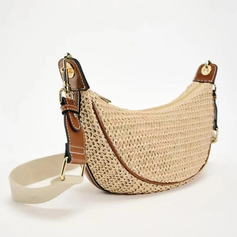 Fashion Woven Hobo Straw Bag Bohemian Half Moon Travel Beach Bags for Women Handbags Designer Handmade Shoulder Crossbody Bag