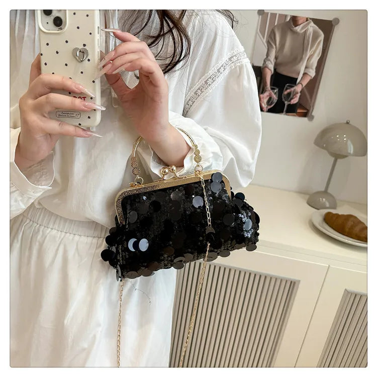Elegant Sequined Evening Shoulder Bags for Women Solid Color Ladies Clip Chain Crossbody Bag Casual Female Shell Handbags Purse