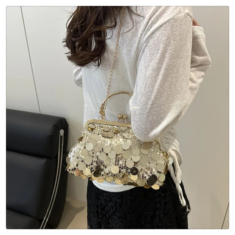 Elegant Sequined Evening Shoulder Bags for Women Solid Color Ladies Clip Chain Crossbody Bag Casual Female Shell Handbags Purse