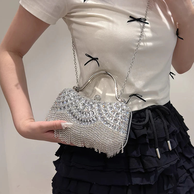 Gold Evening Clutch Bag For Women Luxury Diamond Party Purse Handbag Fashion Tassel Shoulder Crossbody Box Lipstick Bag Designer