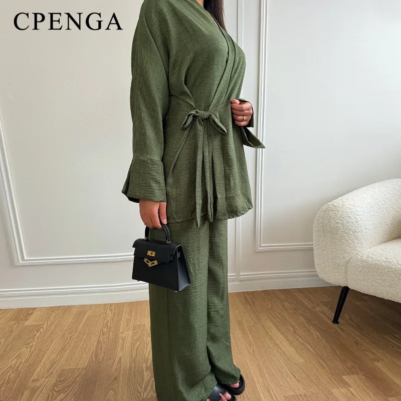 2 Piece Dubai Muslim Women Clothing Elegant Middle East Modest Top and Pants Sets 2024 Islamic Turkish Clothes Solid Outfits