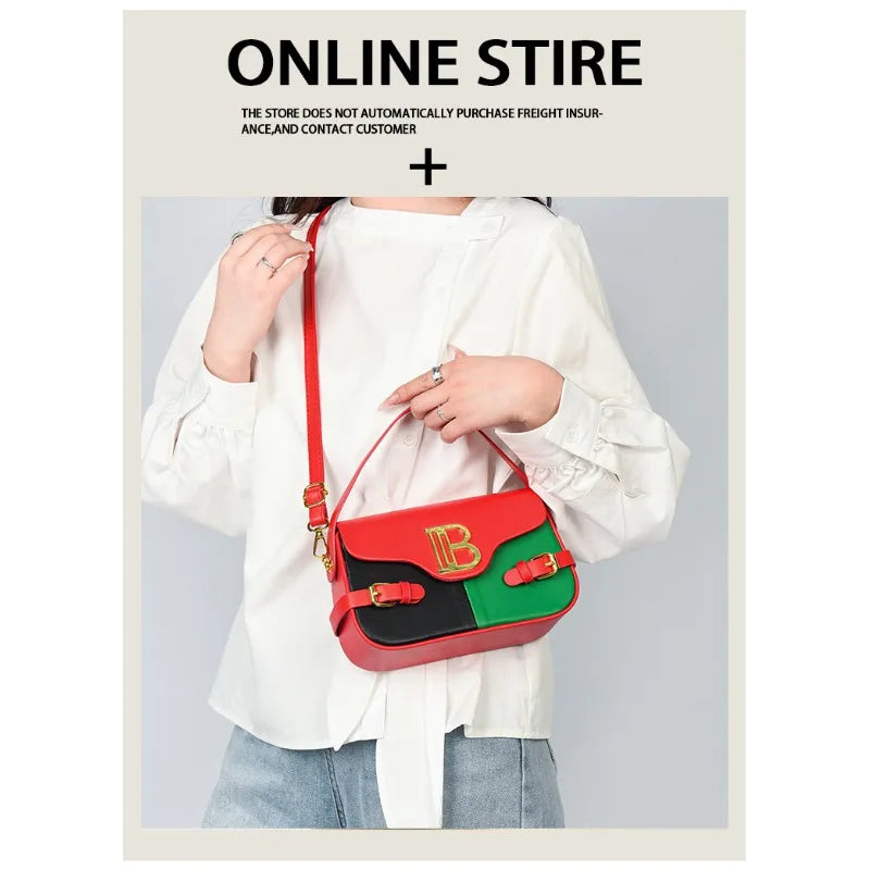 Luxury women's crossbody bag with color-blocking and stitching, box-style multi-color textured light luxury commuter bag.