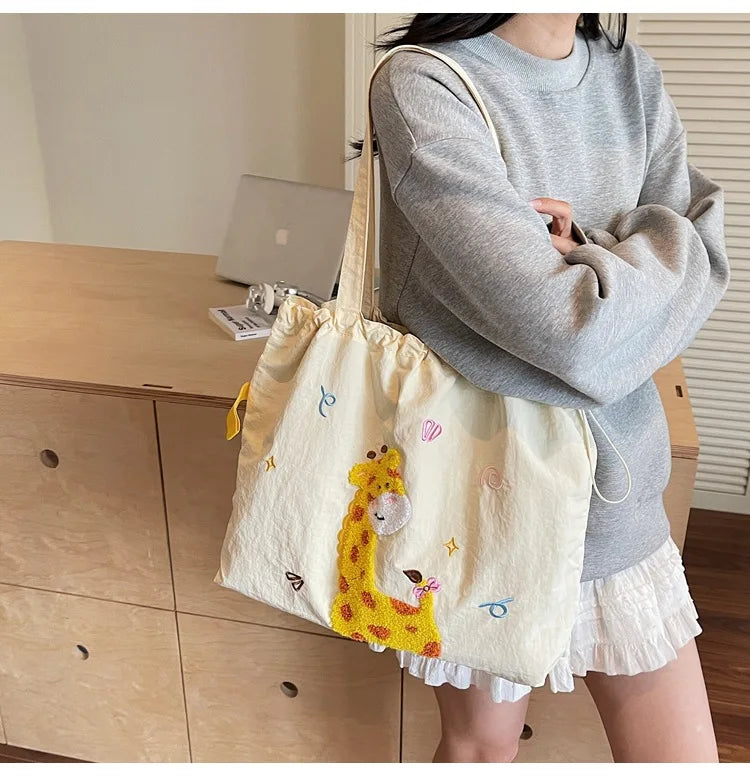 Leisure Large Capacity Single Shoulder Bag Trendy Embroidered Nylon Tote Bag School Style Sweet Handle Bag