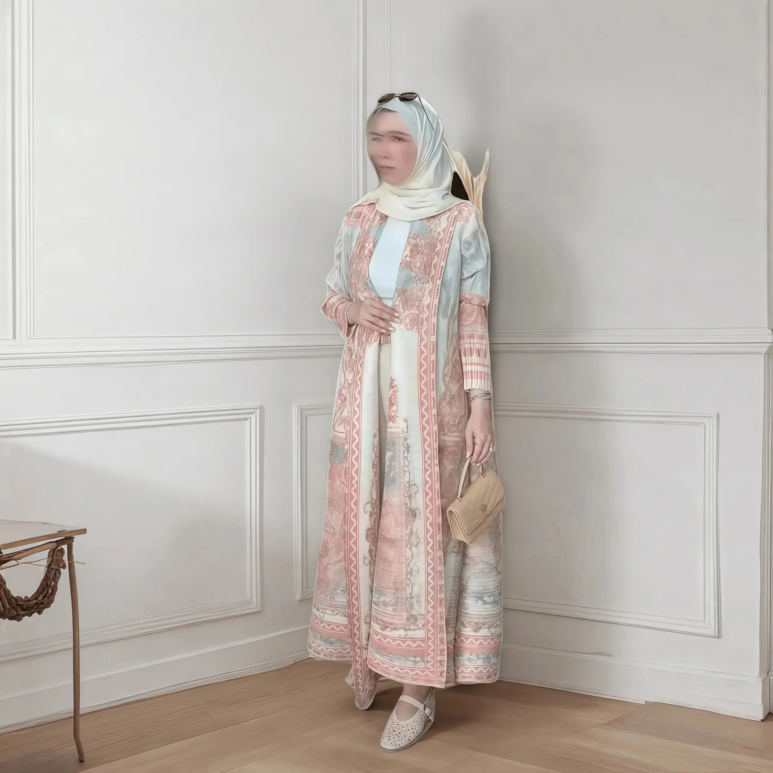 Autumn Women's Long Coat, Retro Printed Long Sleeved Muslim Abaya Saudi Fashion Wrinkled Waist Belt