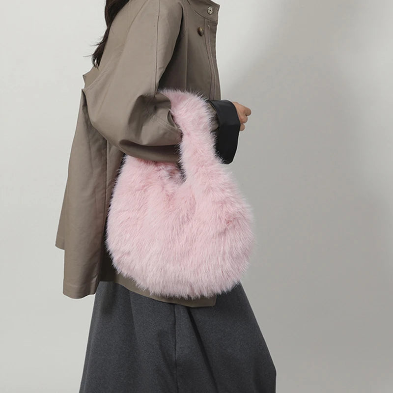 Small Hobo Handle Bags for Women Shoulder Bags Designer Furry Purse and Handbags Fashionable Cute Female Plush Bag