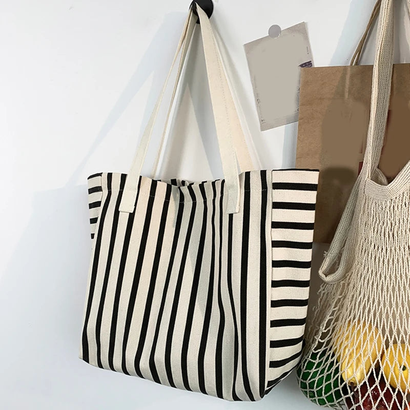 New Beach Tote Bag Fashion Women Canvas Summer Large Capacity Striped Shoulder Bag Tote Handbag Shopping Shoulder Bags ﻿
