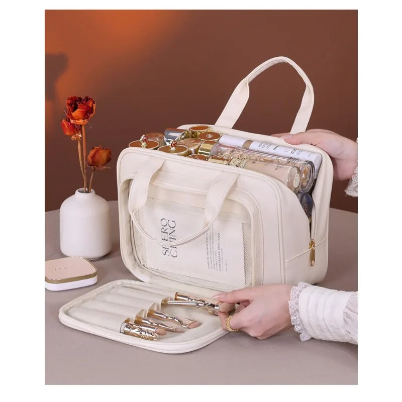 Large Capacity Makeup Bag for Women – Portable Cosmetic Organizer with Brush Holder & Carry Handle, Travel-Friendly Makeup Case