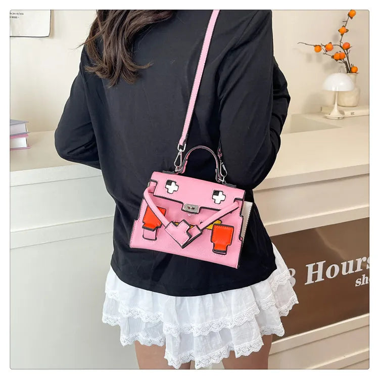 2025 Niche Kelly Bag Womens Mosaic Doll Robot Print Shoulder Crossbody Purse Unique Designer Handheld Tote Fashion Statement