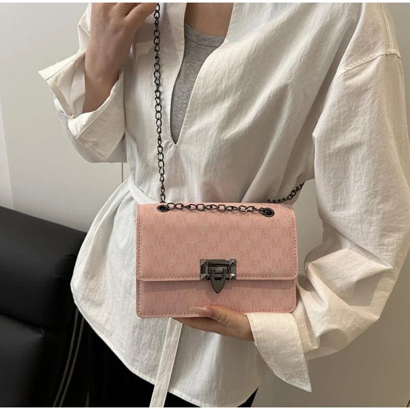 Luxury Letter Print Crossbody Shoulder Bag,Chain Buckle Compact Chic Women Sling Bag,Lady Vintage Casual Personalized Square Bag
