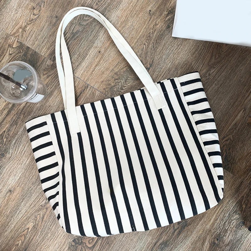 New Beach Tote Bag Fashion Women Canvas Summer Large Capacity Striped Shoulder Bag Tote Handbag Shopping Shoulder Bags ﻿