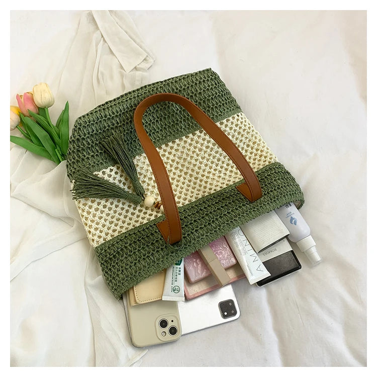 Color-blocked Linen Knitting Fashion Shoulder Bag Hollow Large Capacity Zipper Casual Tote Hot Sale Bags for Women Bolsa Mujer