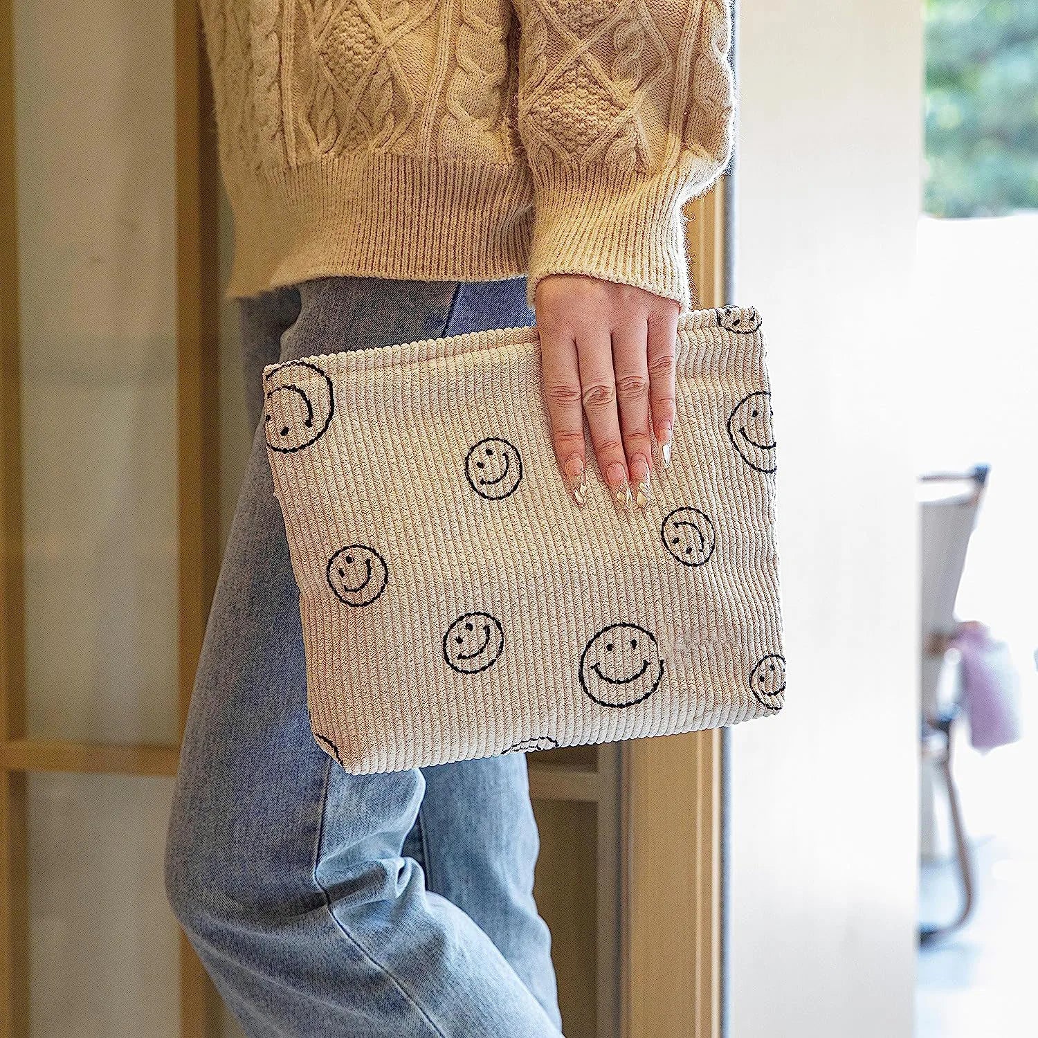 Makeup Bag For Women - Corduroy Cosmetic Bags Aesthetic Design Ladies Tote Bag, Cute Smiley Face Makeup Organizer with Zipper