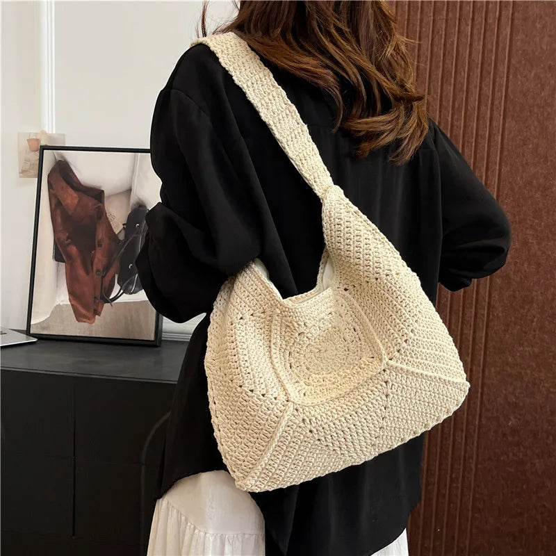 New Shoulder Bag Fashion Casual Crochet Shopping Tote For Women Solid Color Hollow Out Knitted Beach Bag Large Capacity Handbags