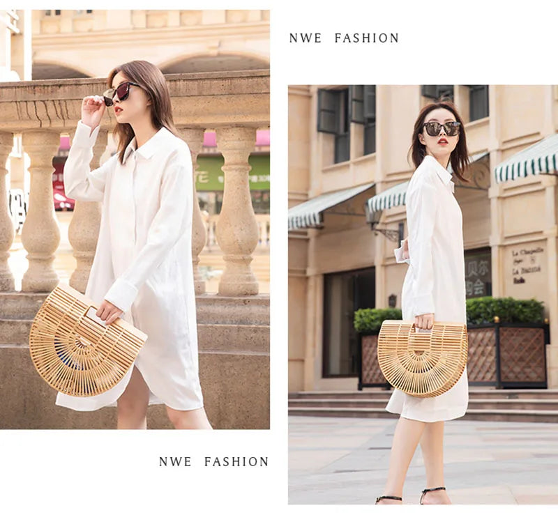 Fashion Straw Bag Bamboo Semi-circular Handbags High quality Hand woven Women Bags Bohemia Summer Ladies Beach Bag Bamboo Bags