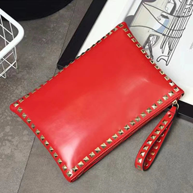 Leather Rivet Handbags for Women, Daily Clutches, Black Envelope, Evening Party Bag, High Quality, Female Shoulder Bags