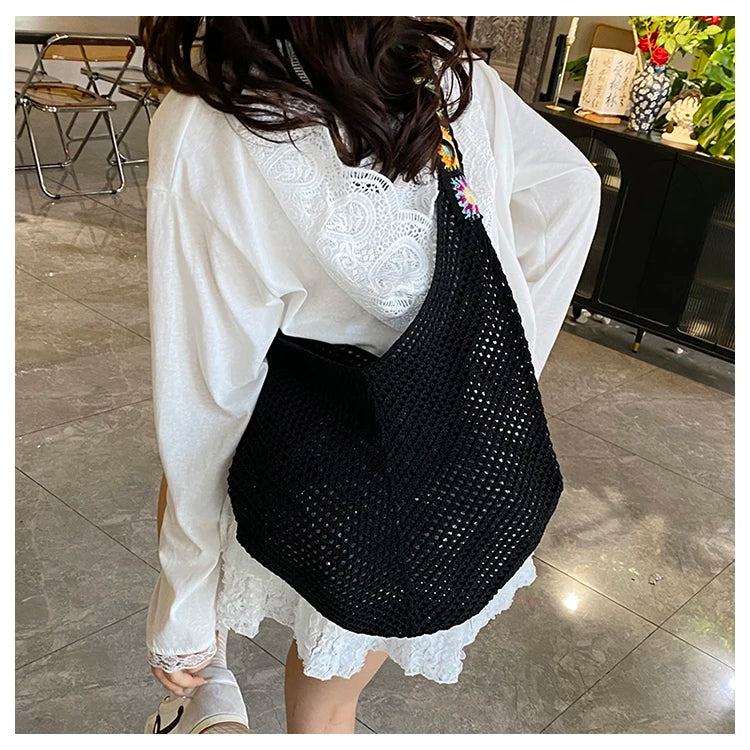 2025 Summer New – Bohemian Fresh Hollow Woven Tote Bag – Large Capacity Single-shoulder for Leisure & Vacation