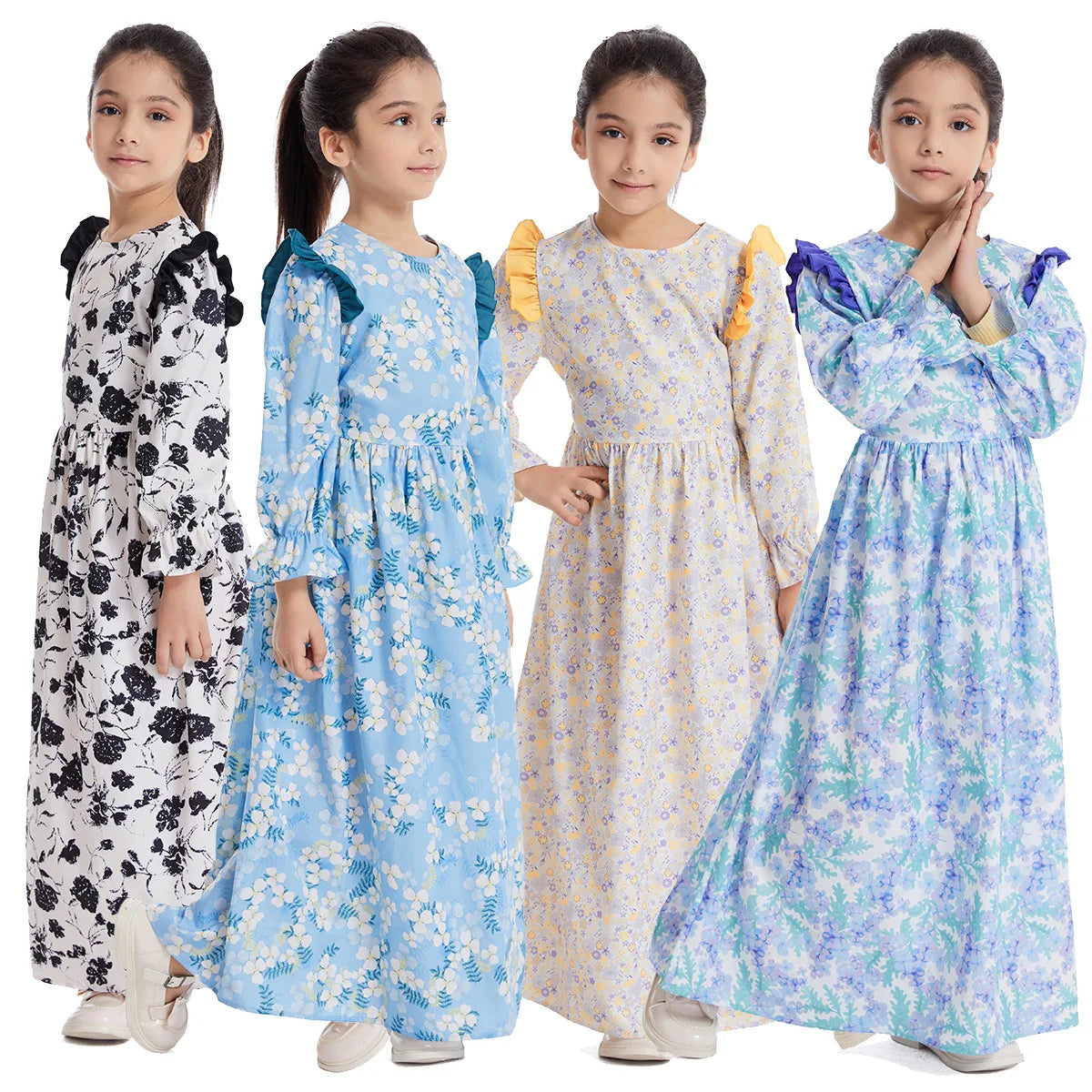 Abaya Girls Long Sleeve Dresses,Muslim Floral Dress for Kids,Conservative Outfits,Full Cover Robe Gown,Children's Beaching Dress