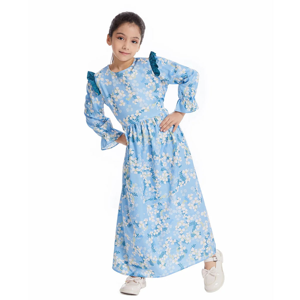 Abaya Girls Long Sleeve Dresses,Muslim Floral Dress for Kids,Conservative Outfits,Full Cover Robe Gown,Children's Beaching Dress