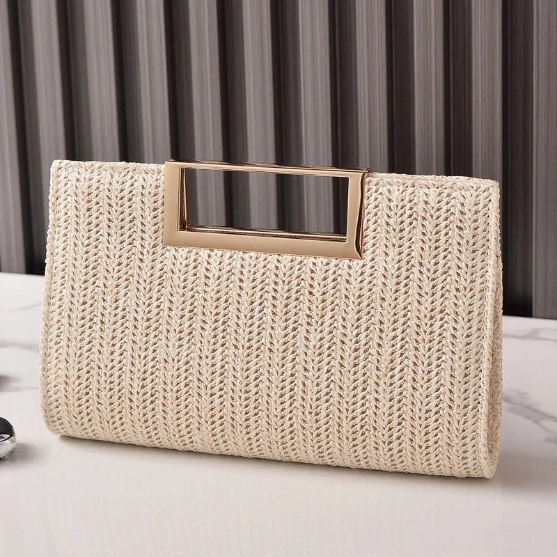 European Style Straw Evening Bag 2025 New Square Buckle Clutch Simple Dinner Bag for Women Shoulder Crossbody Bags