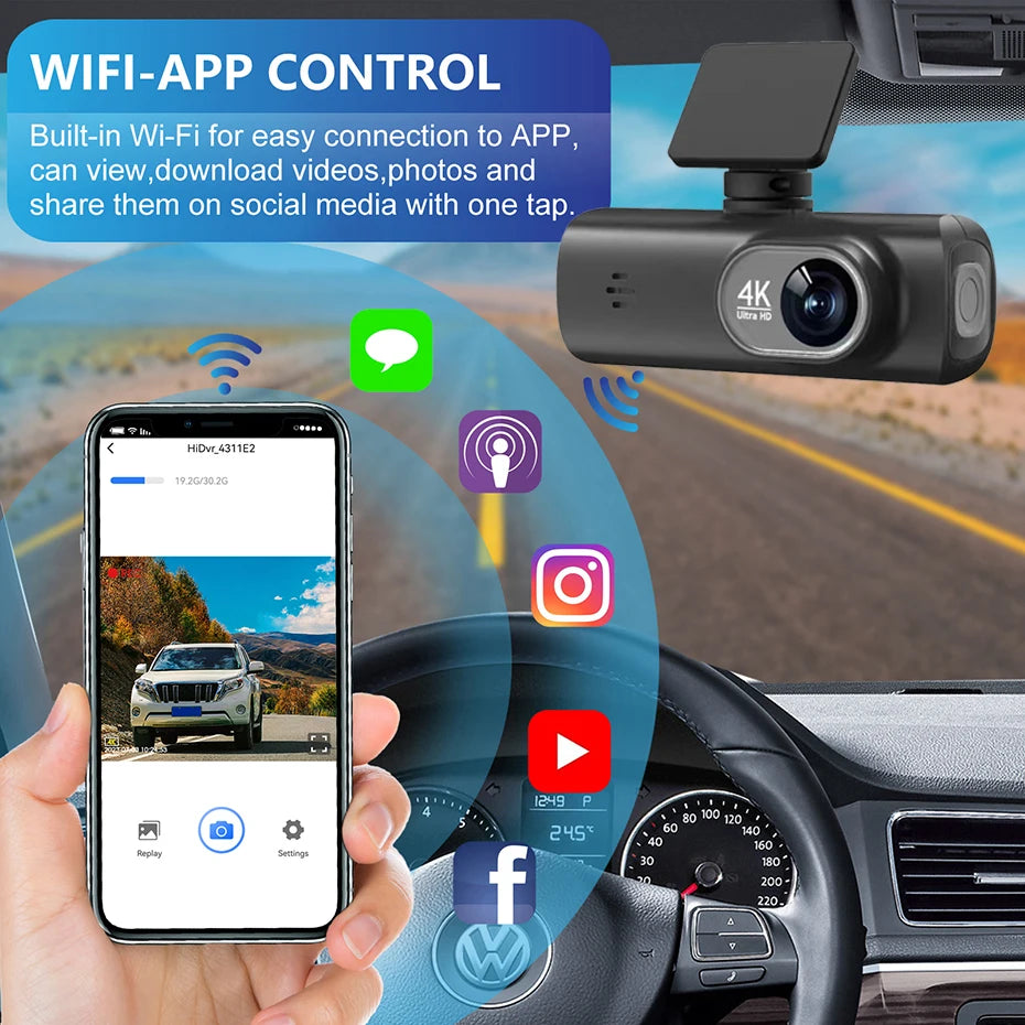 Dash Cam 4K UHD for Car Camera Front Rear Dual Lens With GPS WiFi 24h Parking Mode Night Vision Car DVR Video Registrator