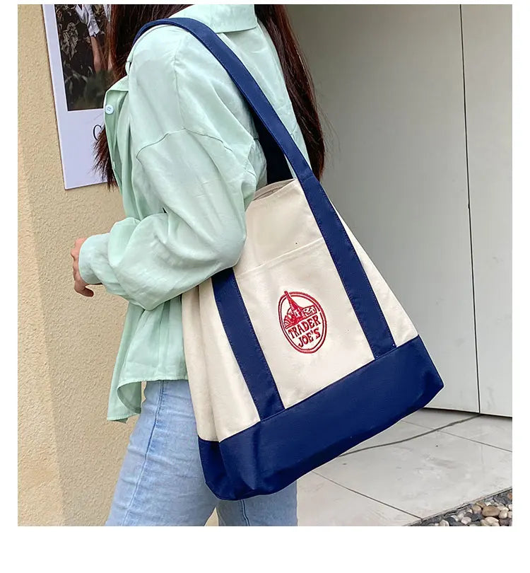 Tr Joe's Large Capaci op Bag Canvas Bag Embroidered Casual Handheld Single oulder Bag Contrast Color Trend Summer