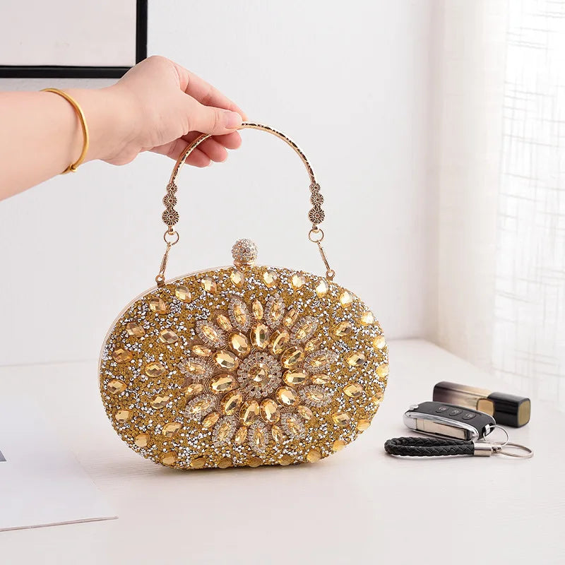 Gold Round Bag Luxury Brand Rhinestone Clutch Bags for Women 2024 Crystals Party Purses Diamond Designer Crossbody Handbags