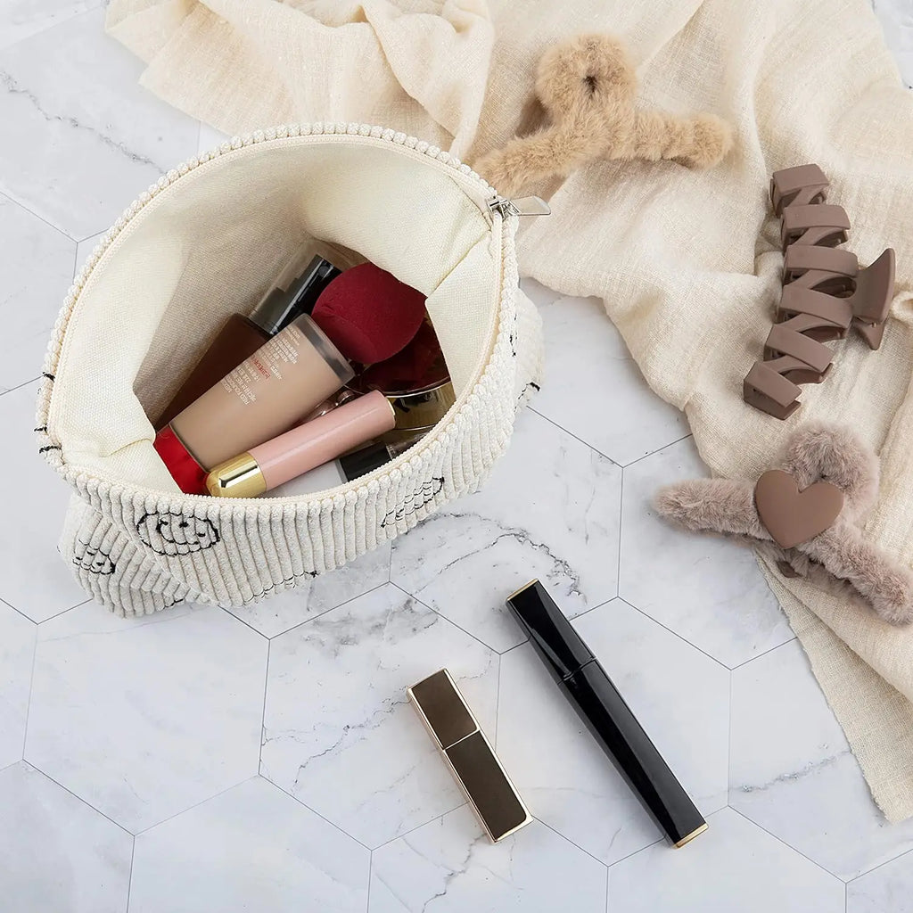 Makeup Bag For Women - Corduroy Cosmetic Bags Aesthetic Design Ladies Tote Bag, Cute Smiley Face Makeup Organizer with Zipper