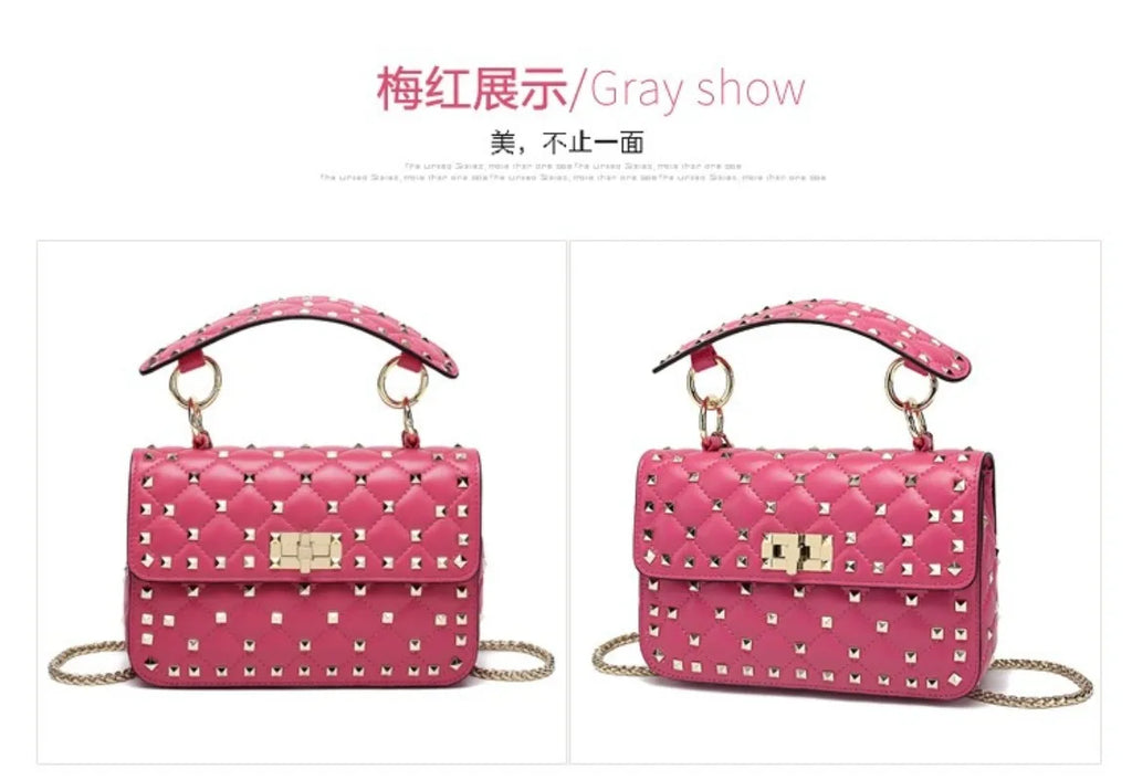 Handbags for Women Sheepskin Leather Rivet Chain Bag Designer Shoulder Bags Luxury Woman Messenger-package Rose Red
