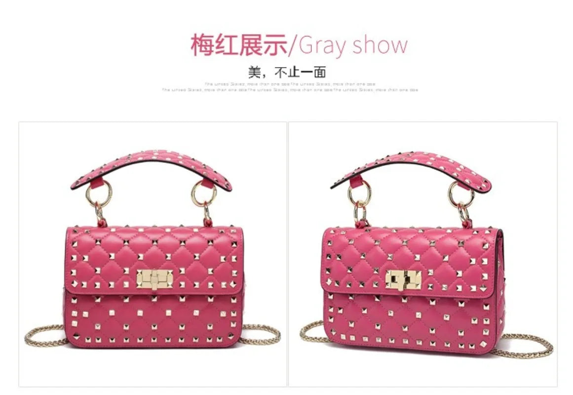 Handbags for Women Sheepskin Leather Rivet Chain Bag Designer Shoulder Bags Luxury Woman Messenger-package Rose Red