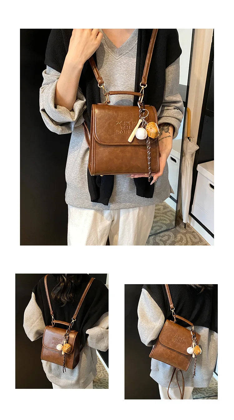 Casual Retro Large Capacity Women's Backpack Fashionable Versatile Stylish Satchel Crossbody Bag New Black City Simple Style PU