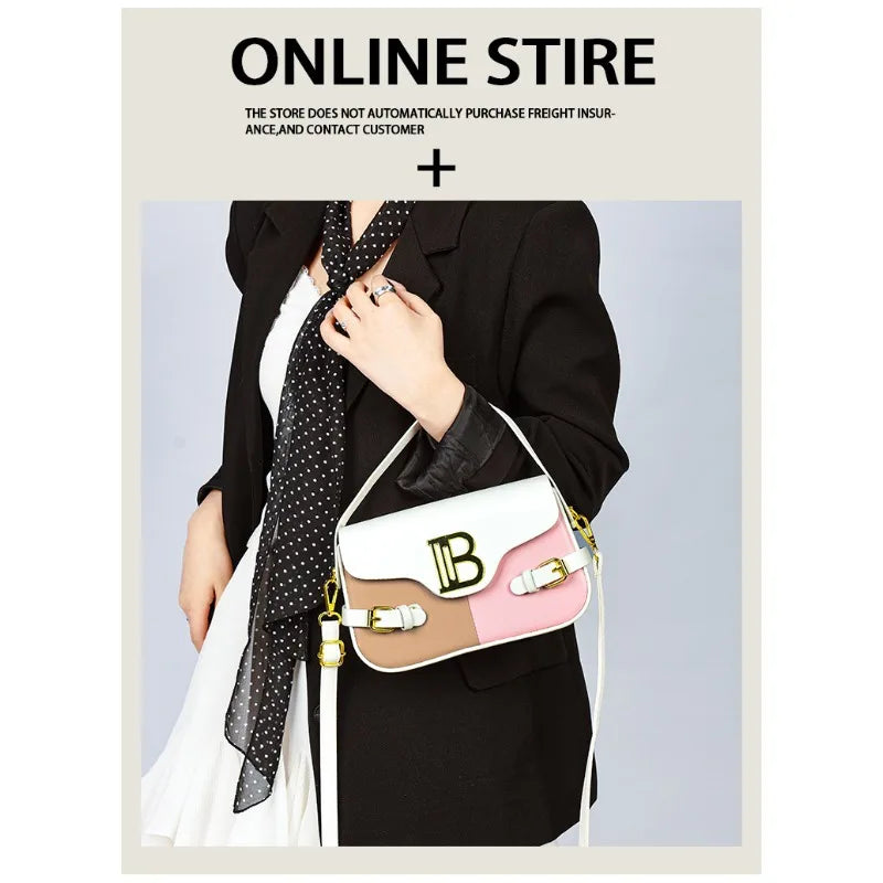 Luxury women's crossbody bag with color-blocking and stitching, box-style multi-color textured light luxury commuter bag.