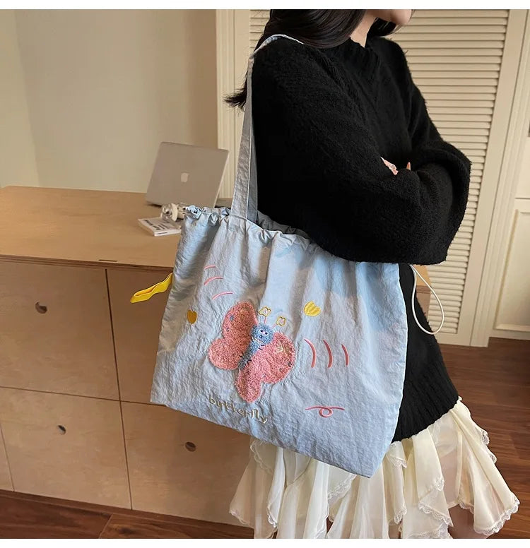 Leisure Large Capacity Single Shoulder Bag Trendy Embroidered Nylon Tote Bag School Style Sweet Handle Bag