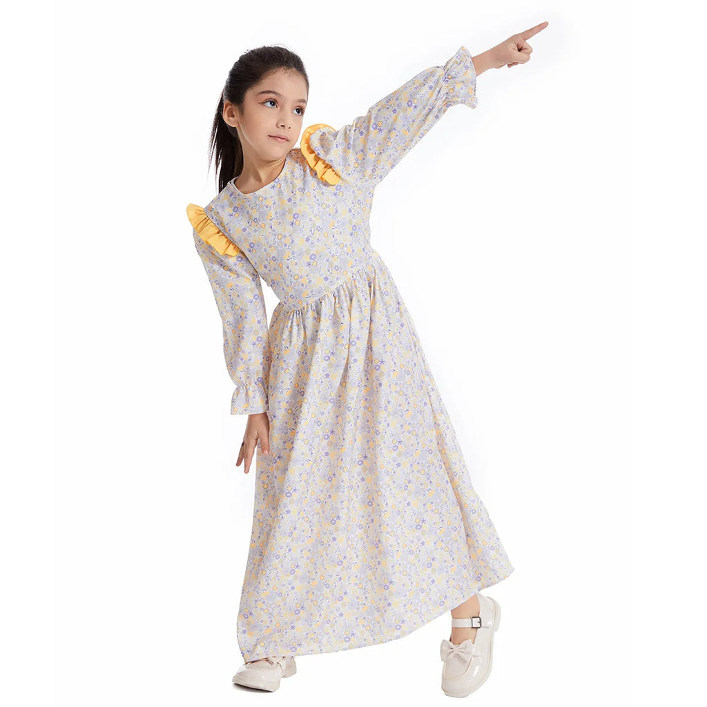 Abaya Girls Long Sleeve Dresses,Muslim Floral Dress for Kids,Conservative Outfits,Full Cover Robe Gown,Children's Beaching Dress