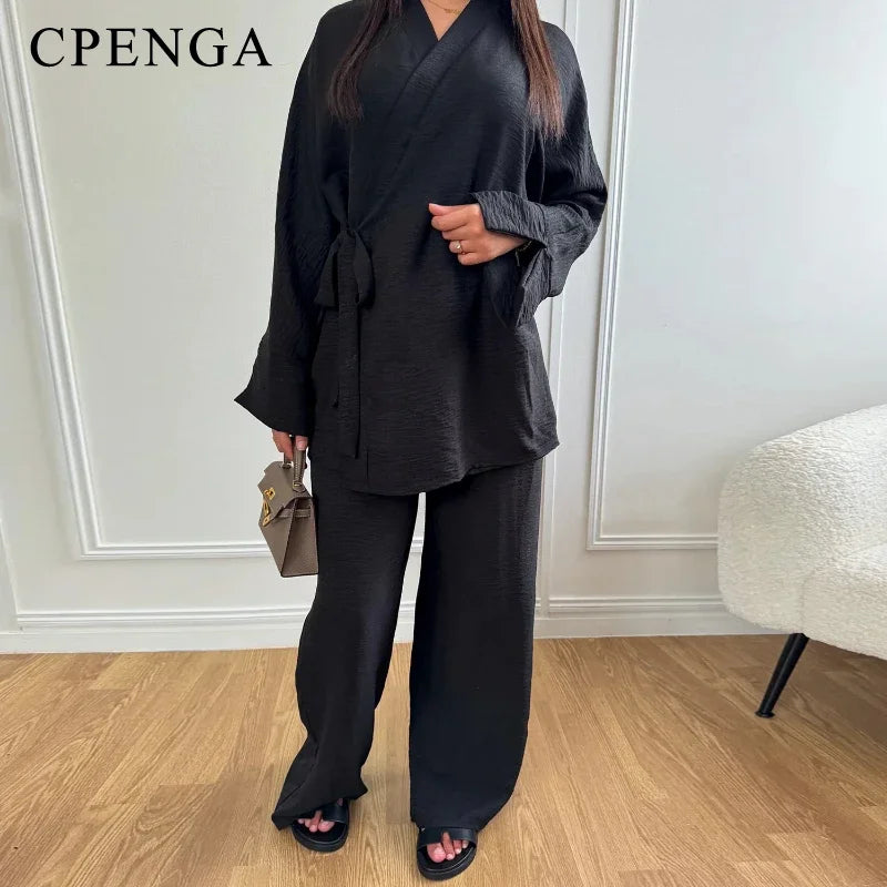 2 Piece Dubai Muslim Women Clothing Elegant Middle East Modest Top and Pants Sets 2024 Islamic Turkish Clothes Solid Outfits