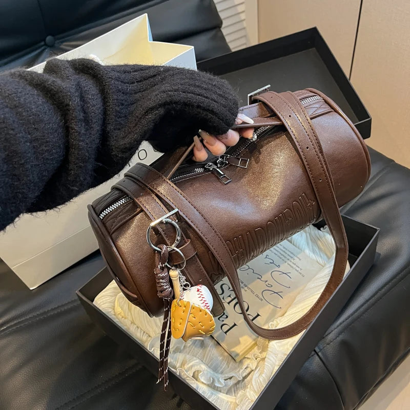 Multifunctional Cylinder Shaped Shoulder Bags For Women 2024 Winter Latest Designer Handbags Luxury Cross Body Bag With Pendant