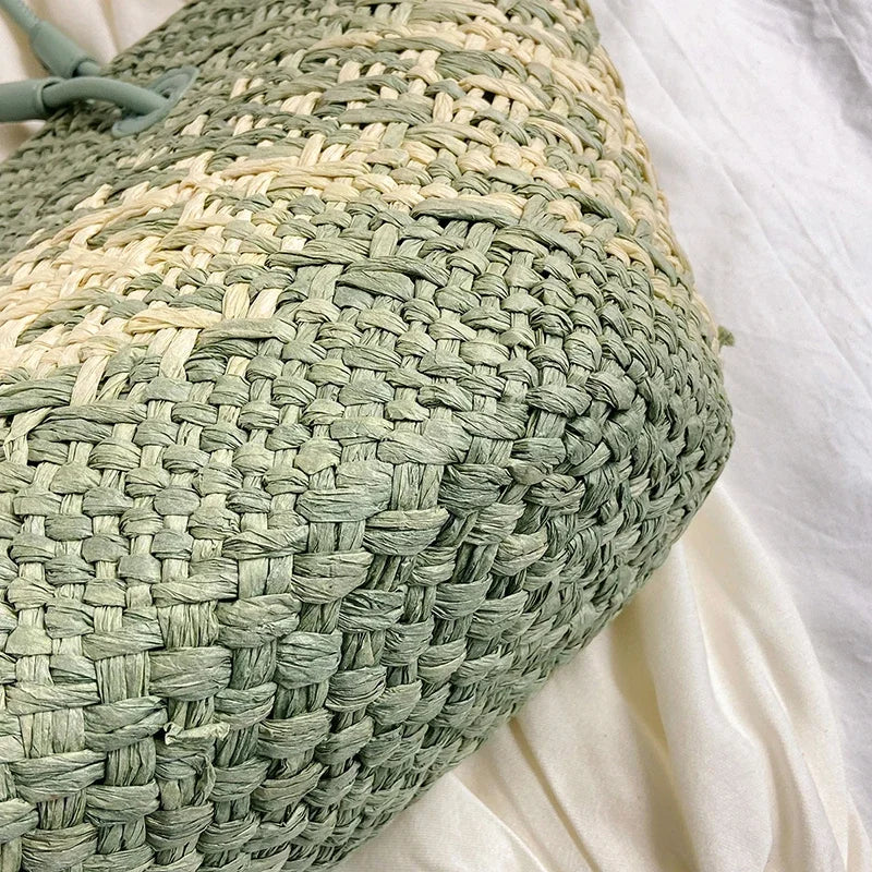Summer Seaside Beach Bag Hand-woven Large Capacity Straw Tote Bag Gradient Color Design Women 's Travel  Vacation Shoulder Bag
