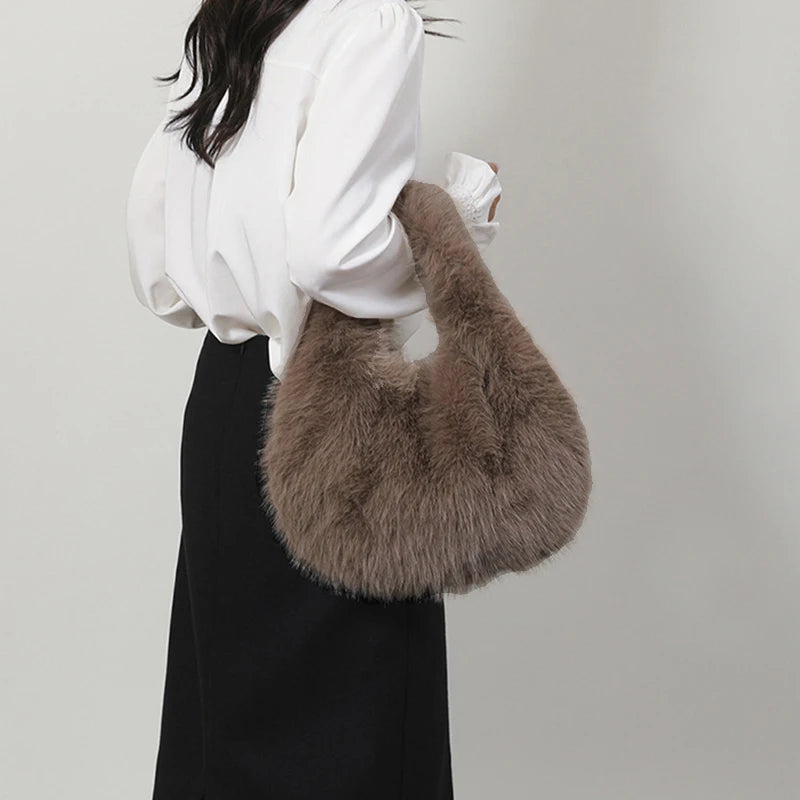 Small Hobo Handle Bags for Women Shoulder Bags Designer Furry Purse and Handbags Fashionable Cute Female Plush Bag