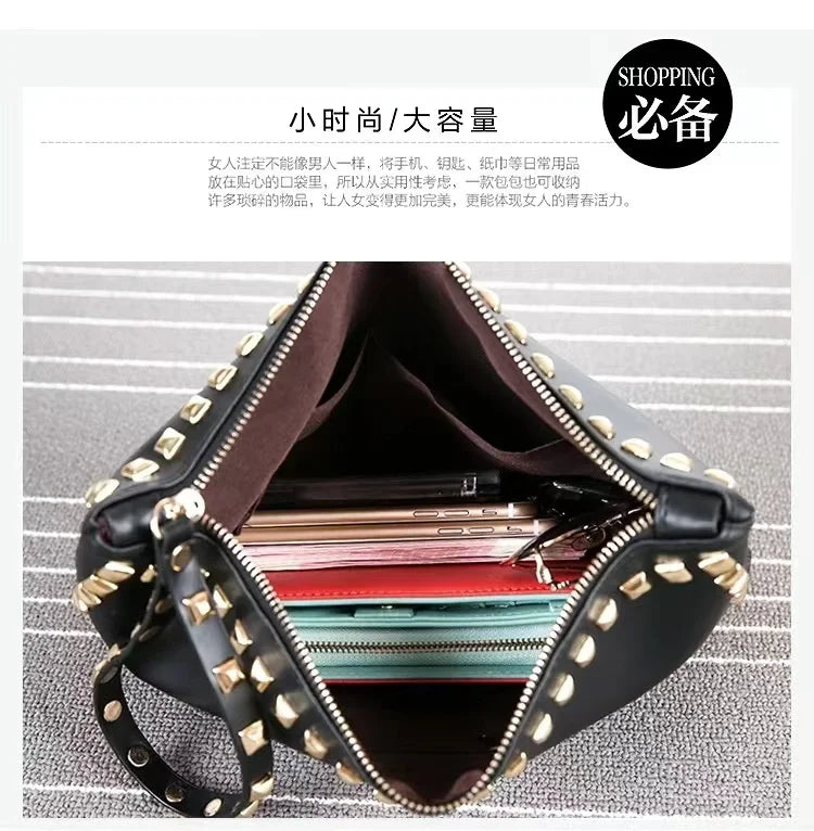 Leather Rivet Handbags for Women, Daily Clutches, Black Envelope, Evening Party Bag, High Quality, Female Shoulder Bags