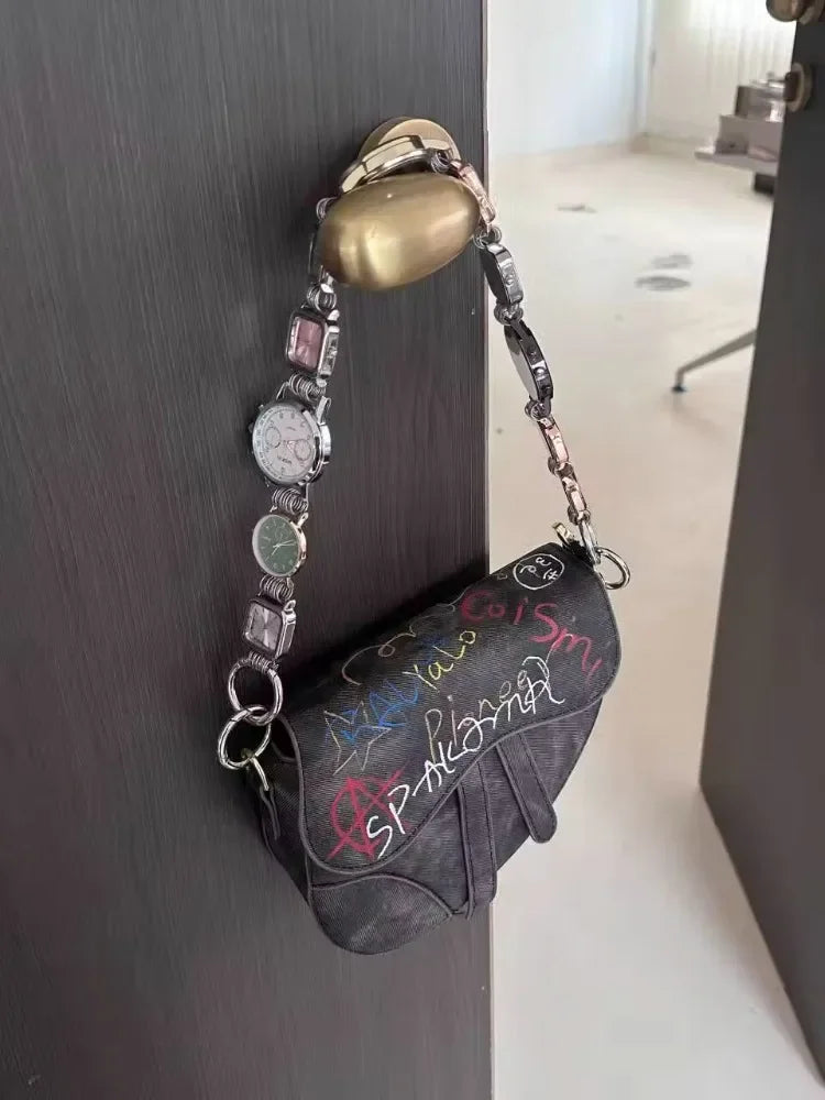 Designer Luxury Saddle Bag Women 2025 New In Fashion Chic Metal Watch Strap Shoulder Bag Trend Graffiti Novelty Female Bags