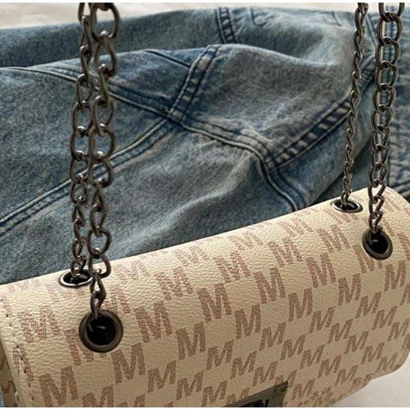 Luxury Letter Print Crossbody Shoulder Bag,Chain Buckle Compact Chic Women Sling Bag,Lady Vintage Casual Personalized Square Bag