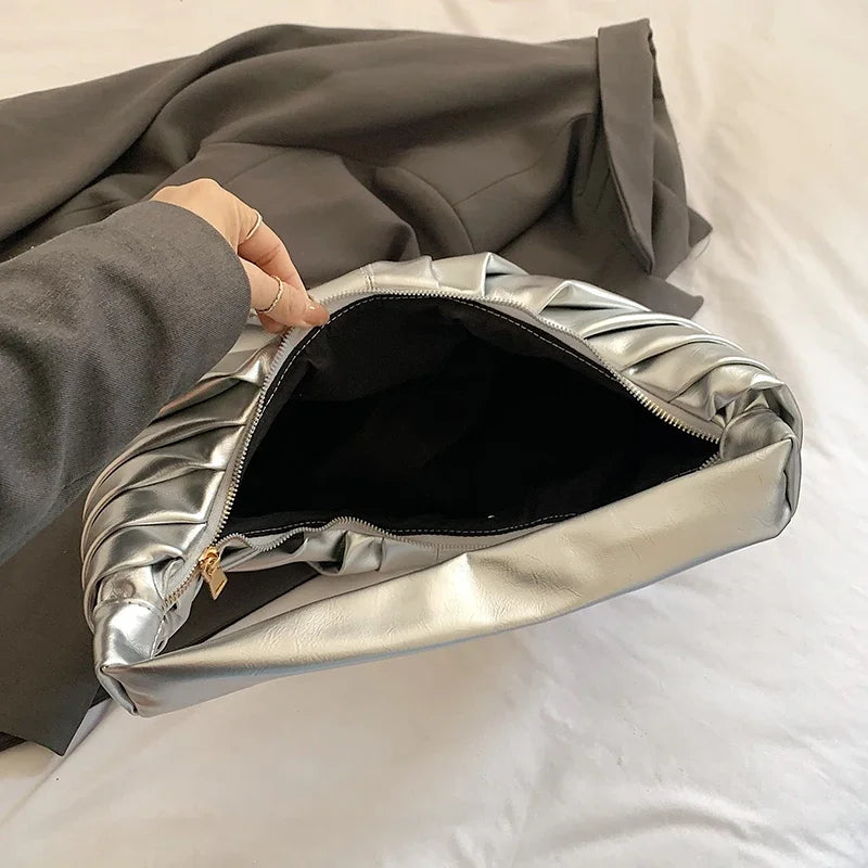 Silver Handbags Women Dumpling Shoulder Bag Fashion Luxury Ladies Hobos Bags High Capacity Female Tote Bag Black