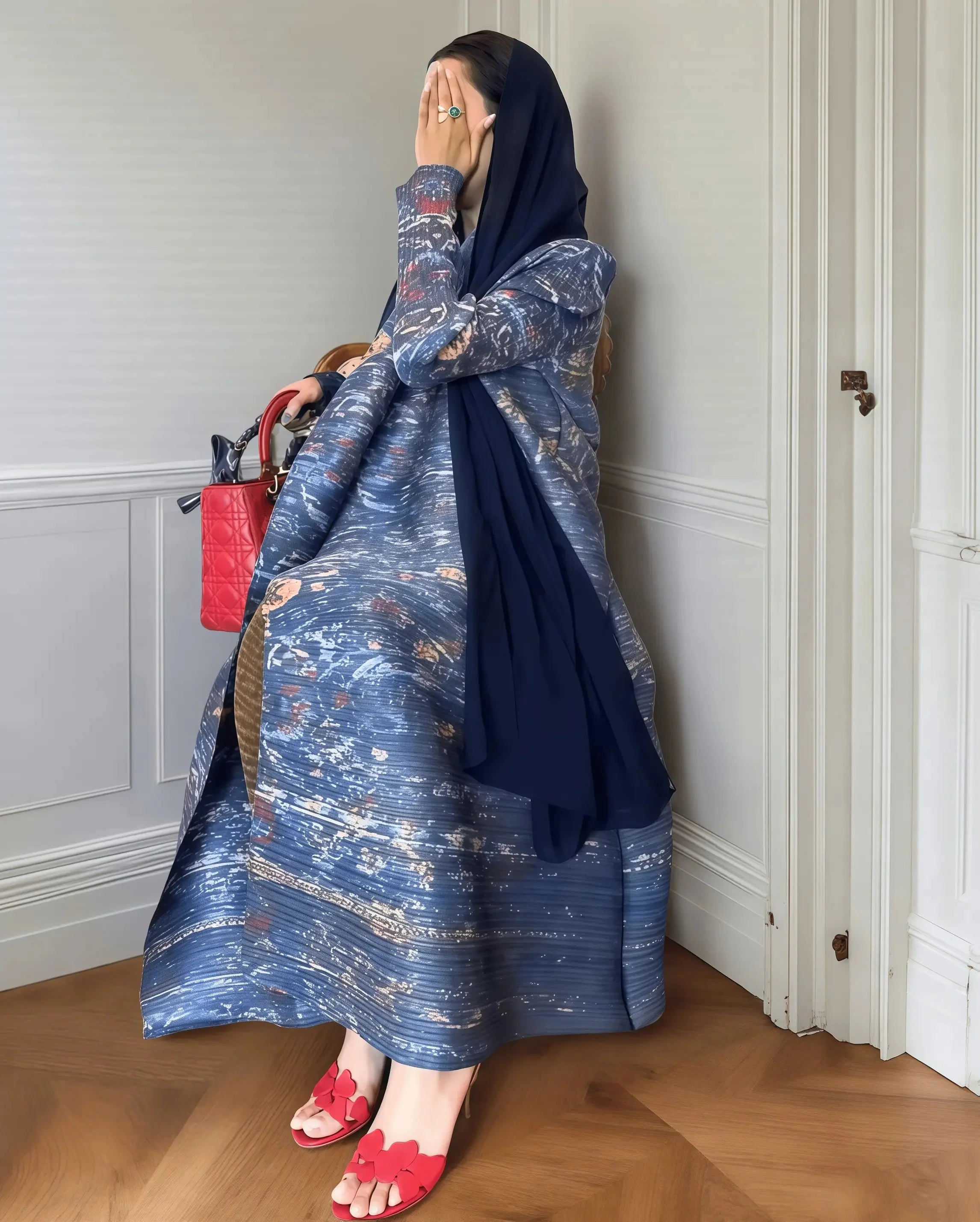 Autumn Women's Long Coat, Retro Printed Long Sleeved Muslim Abaya Saudi Fashion Wrinkled Waist Belt