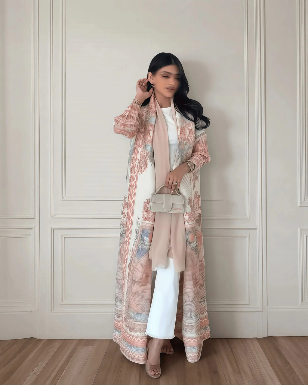 Autumn Women's Long Coat, Retro Printed Long Sleeved Muslim Abaya Saudi Fashion Wrinkled Waist Belt