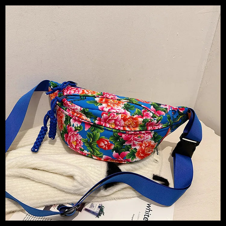 Women Fanny Bag Pack Large Flower Nylon Belt Bags Fashion Waist Pack Zipper Bag Adjustable Lightweight Multifunction Waterproof