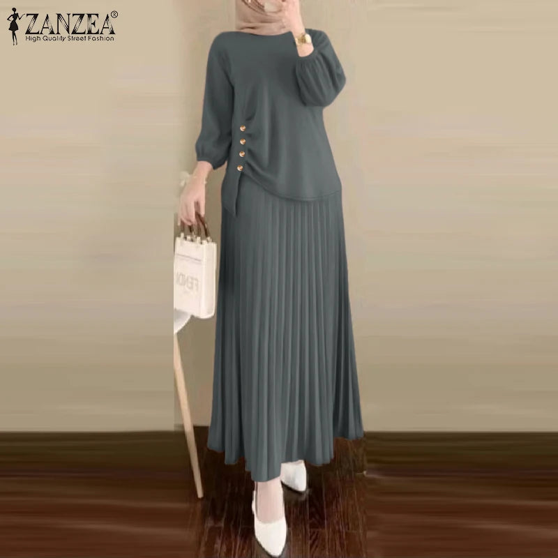 Fashion Muslim Sets Women 2PCS Outfits ZANZEA Elegant Long Sleeve Blouse Dress Suits Casual Solid Tracksuits Loose Matching Sets