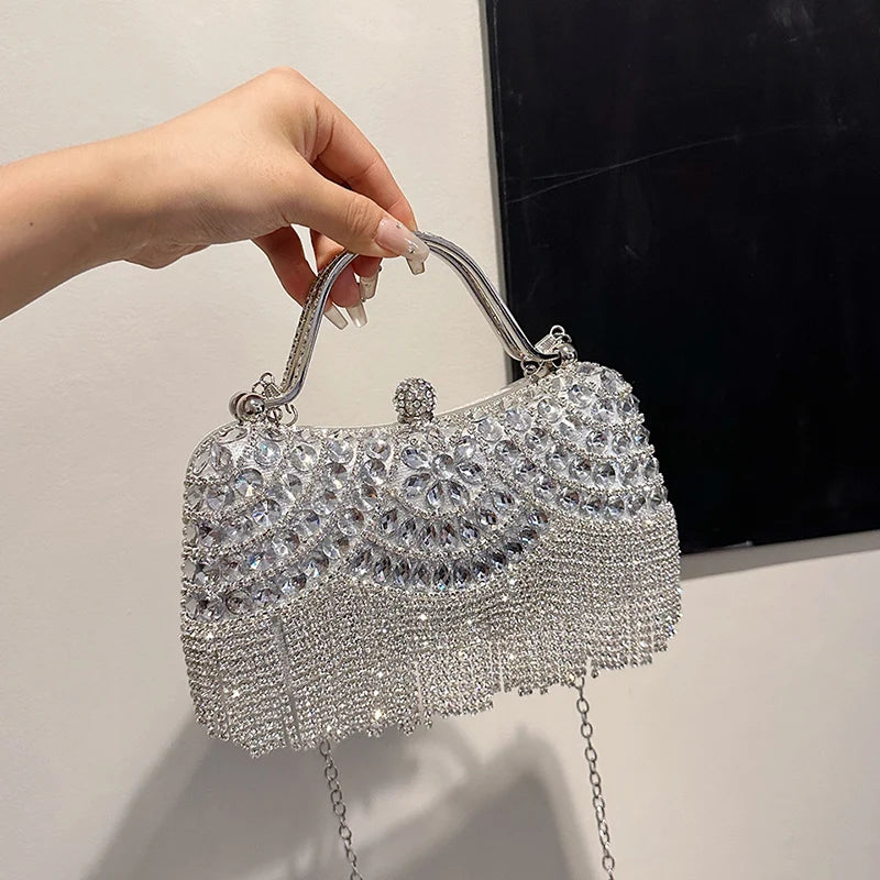 Gold Evening Clutch Bag For Women Luxury Diamond Party Purse Handbag Fashion Tassel Shoulder Crossbody Box Lipstick Bag Designer