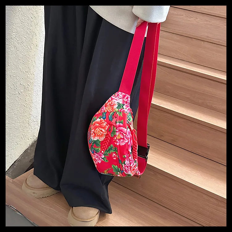 Women Fanny Bag Pack Large Flower Nylon Belt Bags Fashion Waist Pack Zipper Bag Adjustable Lightweight Multifunction Waterproof