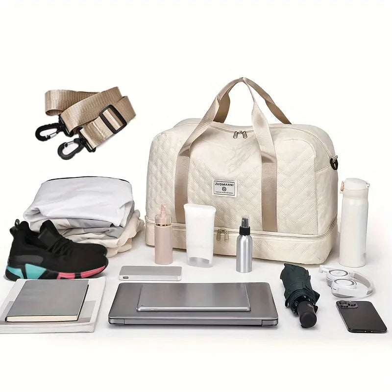 Luxury Duffel Bag, Large Capacity Handbag Shoulder & Crossbody Tote Bag With Dry Wet Separation Dual Side Pockets For Travel Gym